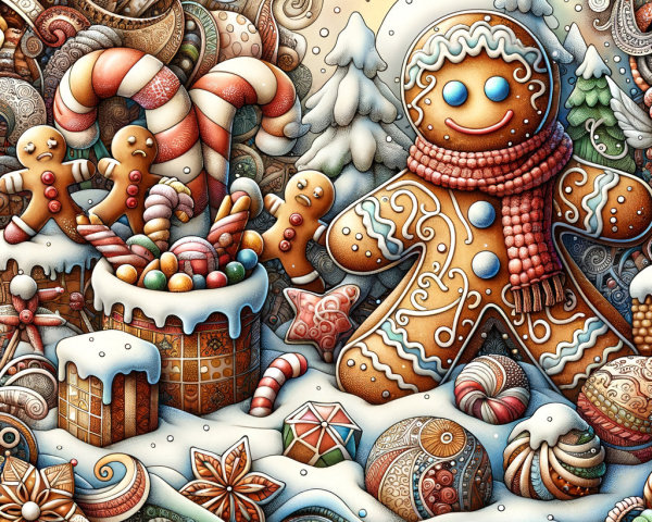 Whimsical Holiday Scene with Gingerbread Figures and Snow