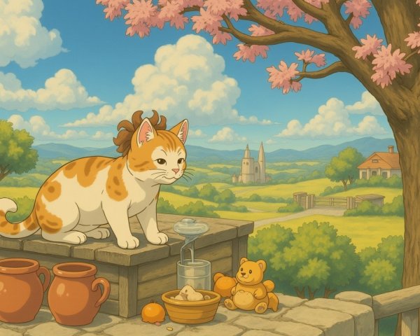 Whimsical Cat Scene with Pots and Cherry Blossoms