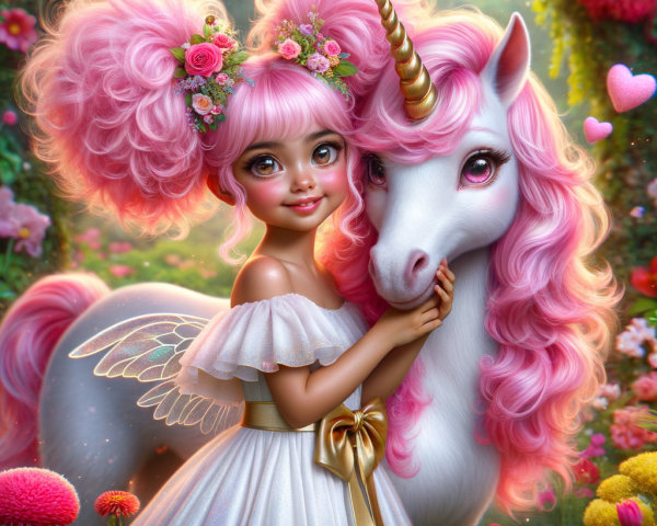 Whimsical Scene of Girl and Unicorn in Vibrant Garden