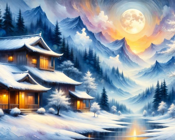 Serene winter landscape with cozy houses and mountains