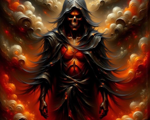 Dark Cloaked Figure Against Fiery Cloud Background