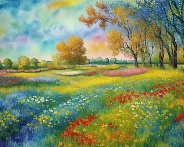 Vibrant landscape with colorful flowers and autumn trees