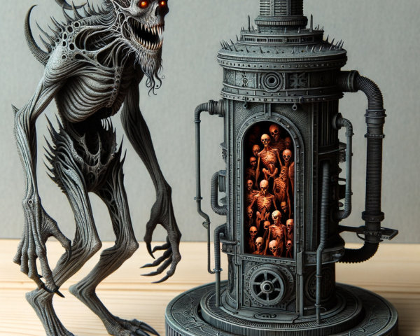 Skeletal Creature Beside Futuristic Metallic Apparatus