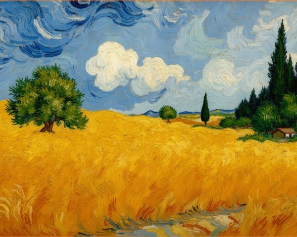 Vibrant Landscape with Wheat Fields and Cypress Trees