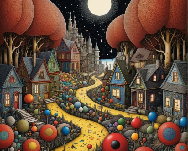 Whimsical Night Scene with Colorful Trees and Houses
