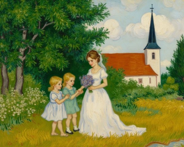 Mother in White Dress with Girls in Countryside Setting