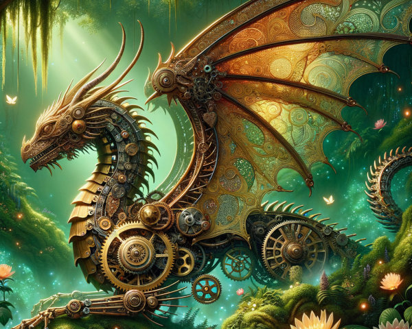 Steampunk Dragon in Enchanted Forest Setting