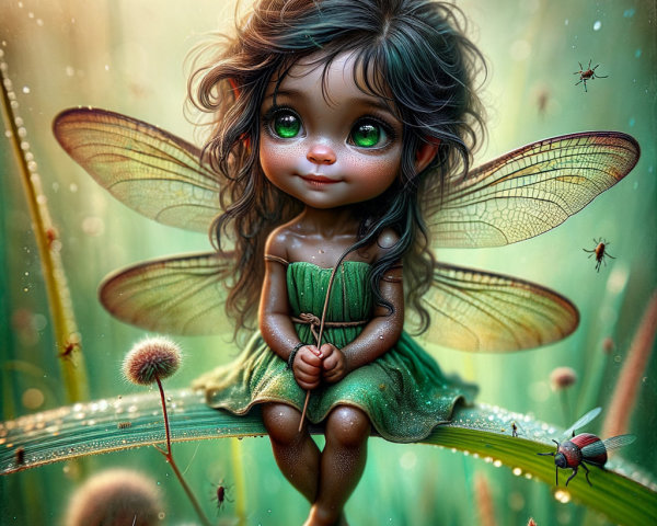 Whimsical Fairy on Dewy Leaf in Enchanted Forest