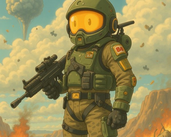 Cartoon Character in Military Suit in Post-Apocalyptic Scene