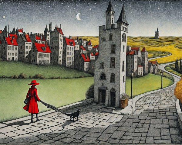 Whimsical Landscape with Red Coat and Black Cat