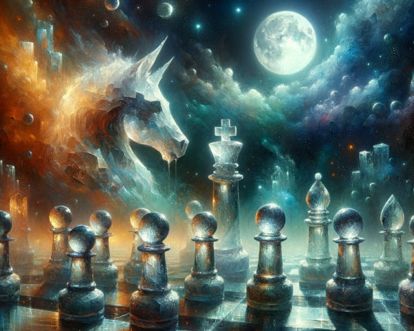 Surreal Cosmic Landscape with Mystical Wolf and Chessboard