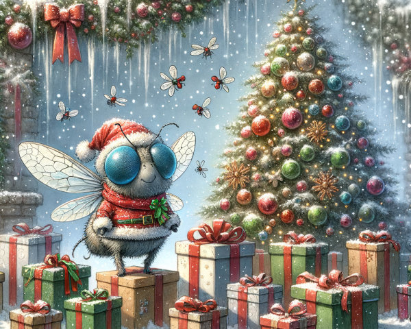 Cute Fly in Santa Outfit on Wrapped Christmas Presents