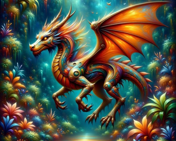 Mythical dragon in a vibrant, colorful landscape