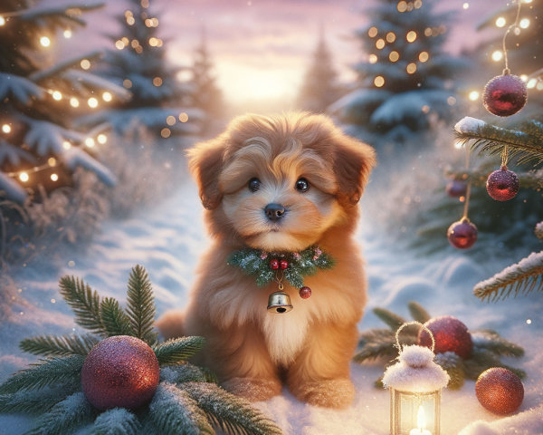 Golden Puppy in Snowy Christmas Landscape with Trees