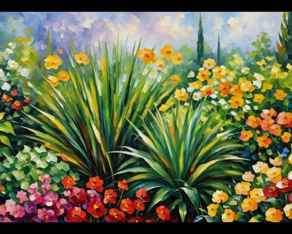 Vibrant Garden Scene with Colorful Flowers and Foliage