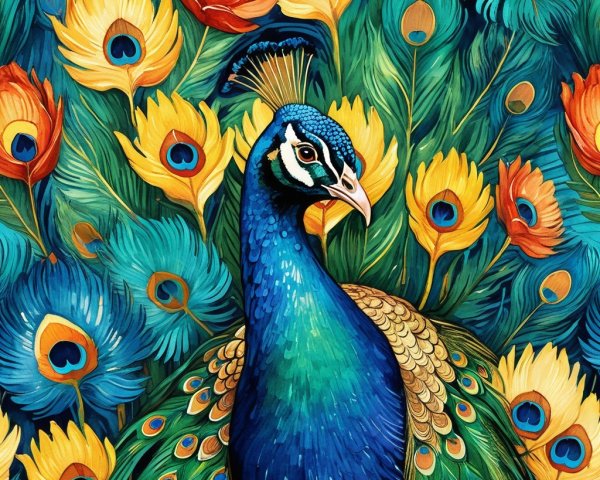 Vibrant Peacock with Colorful Plumage and Floral Backdrop
