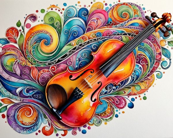 Violin with Colorful Swirling Background Patterns
