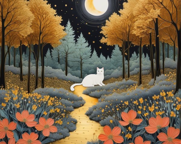 Serene forest scene with a white cat by a stream