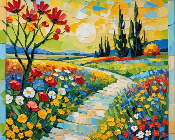 Vibrant Mosaic Landscape with Colorful Flower Field
