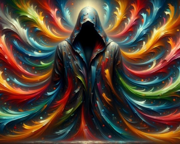 Cloaked Figure Surrounded by Vibrant Color Patterns