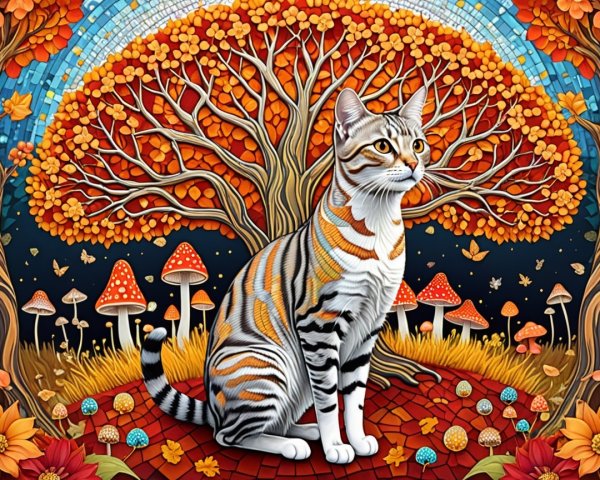 Illustration of a Cat by a Colorful Autumn Tree