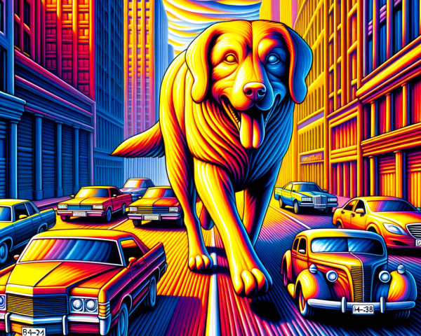 Surreal City Scene with Cartoon Dog and Skyscrapers