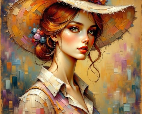 Portrait of a Young Woman in a Decorative Straw Hat