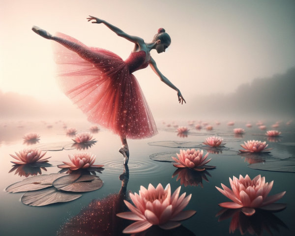 Ballerina Dances on Lake Surrounded by Water Lilies