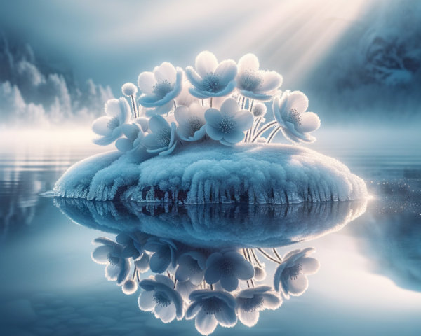 Frosted Flowers on Snowy Icy Islet in Calm Water