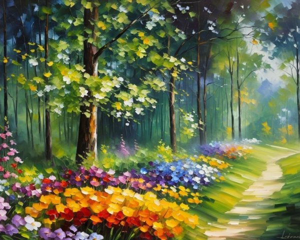 Vibrant Forest Landscape with Colorful Flowers and Sunlight