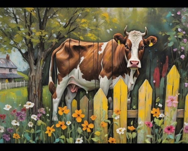 Vibrant Mural of Cow and Farmhouse in Rural Setting