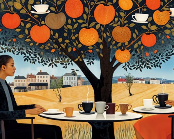Women at a table under a vibrant orange tree