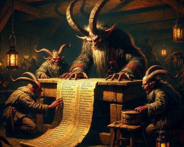 Mystical Creatures Gather Around Table in Dim Cabin