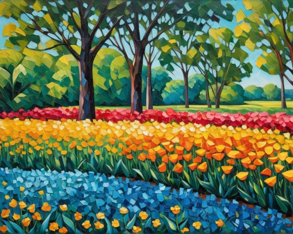 Vibrant Spring Landscape with Colorful Tulips and Trees