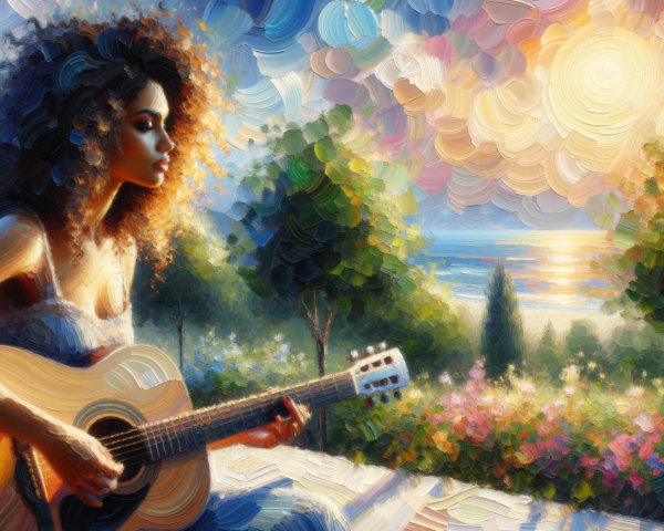 Young woman playing guitar in a colorful outdoor setting