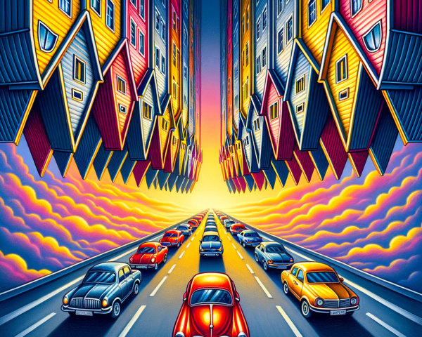 Surreal Landscape with Inverted Colorful Houses