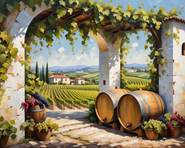 Vineyard Landscape with Blue Sky and Green Vines