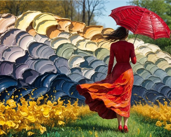 Woman in Red Dress with Umbrella in Colorful Landscape