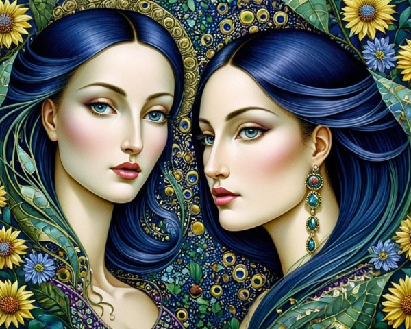 Elegant Women with Blue Hair and Floral Patterns