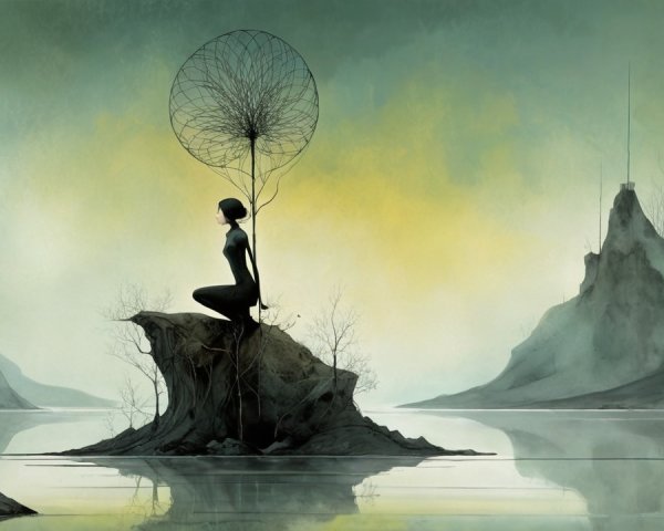 Surreal Landscape with Figure and Dreamcatcher Structure