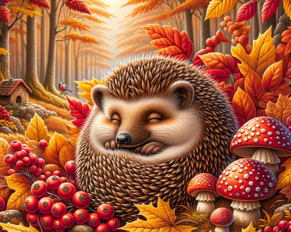 Hedgehog in Autumn Leaves with Berries and Mushrooms