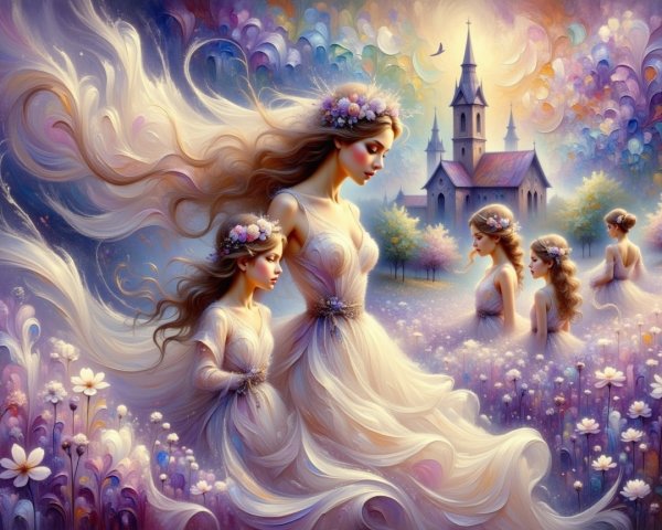 Whimsical Scene of Mother and Daughter in Flowers