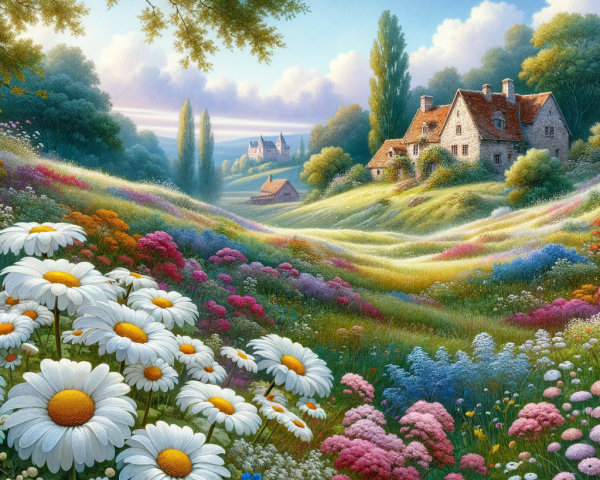 Serene Landscape with Wildflowers and Quaint Cottage
