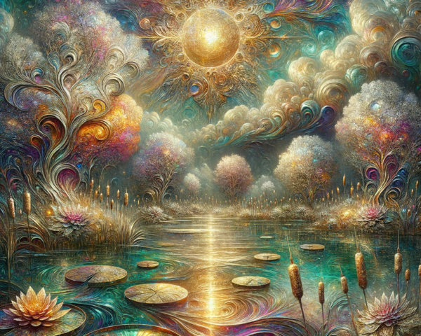Surreal Landscape with Colorful Trees and Water Reflections