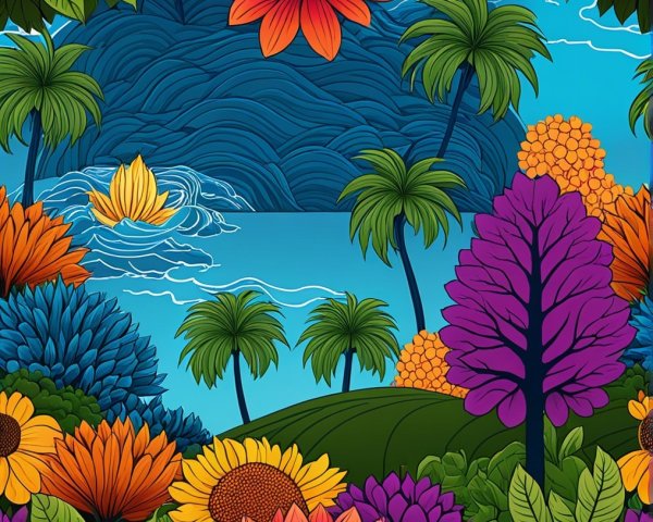 Tropical Landscape with Ocean View and Colorful Flowers