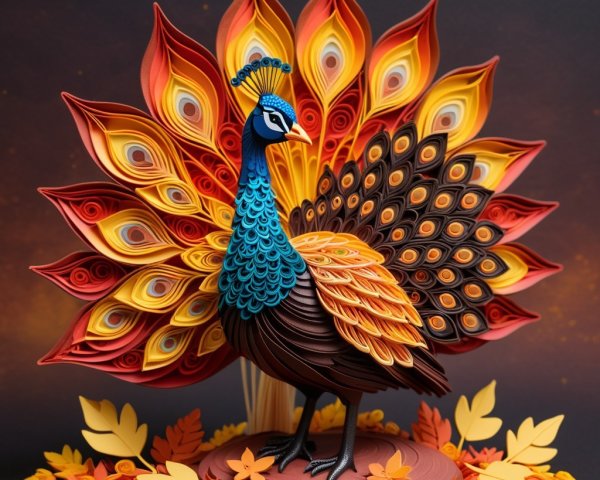 Vibrant Paper Art Display of a Peacock with Feathers