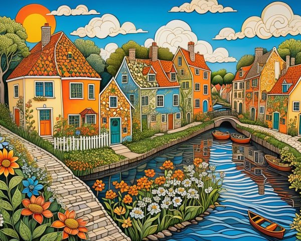 Charming Canal Town with Colorful Houses and Boats