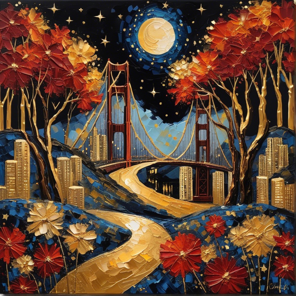 Vibrant Painting of Golden Gate Bridge at Night