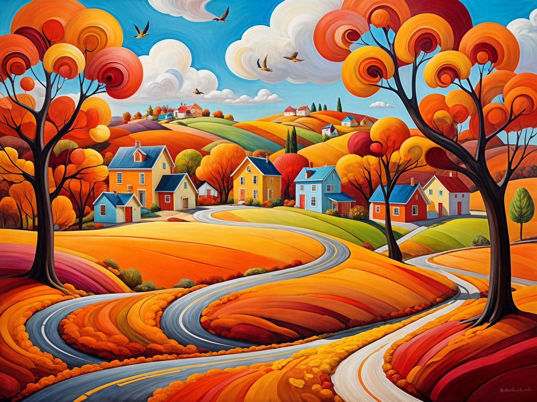 Vibrant Autumn Landscape with Colorful Trees and Homes