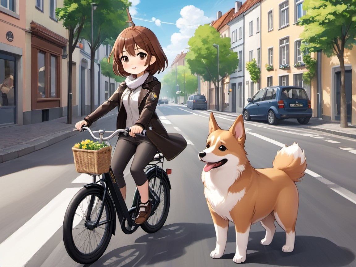 Young girl biking with corgi in a charming neighborhood